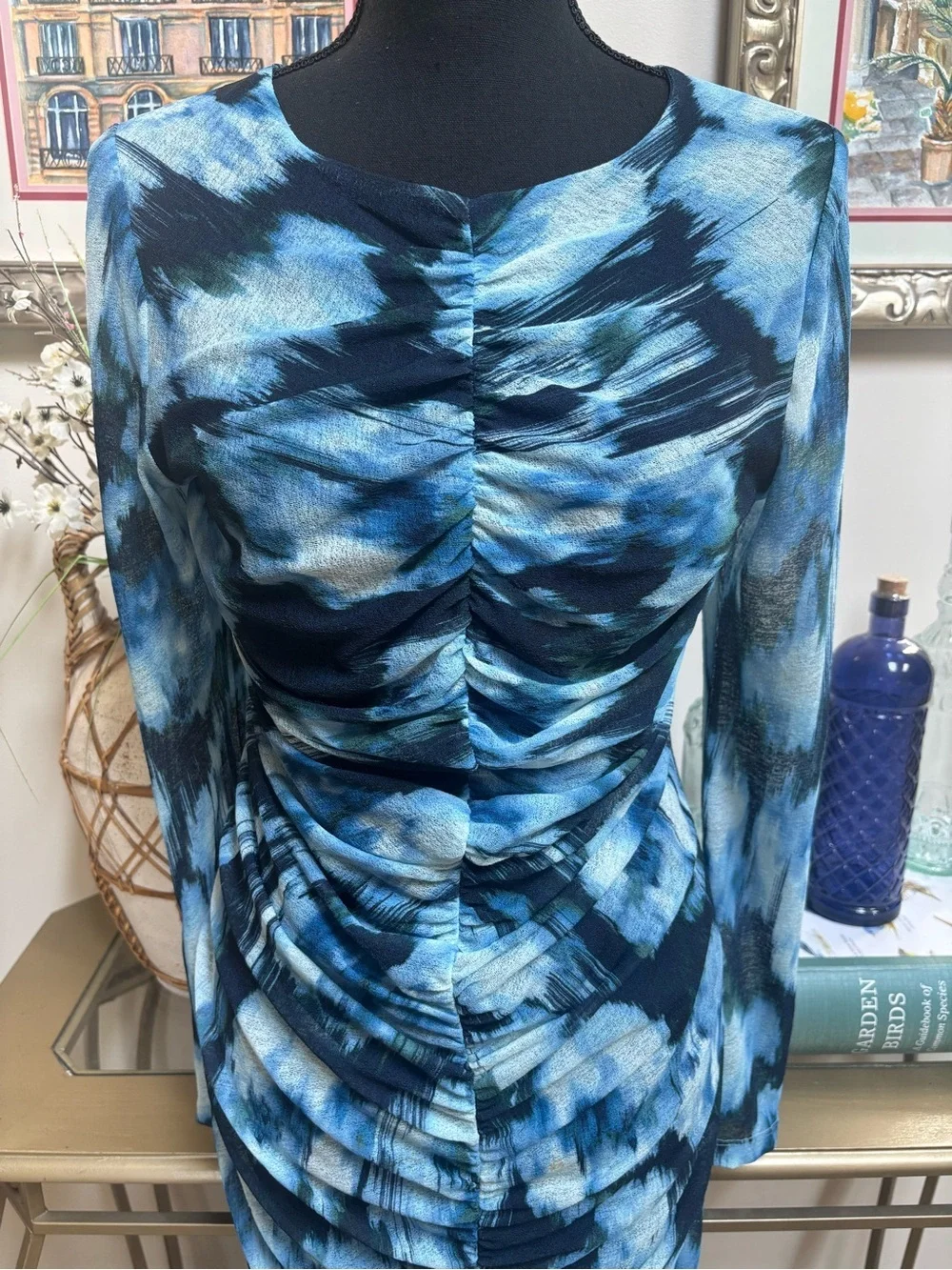 Abercrombie & Fitch Blue Ruched Sheer Long-Sleeve Mesh Bodycon Maxi Dress Size L